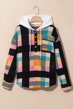 Color block long sleeve hoodie: plaid flannel shacket for women