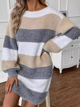 Color block long sleeve sweater dress with beige gray white stripes