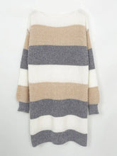 Color block long sleeve sweater dress with beige, gray, white stripes