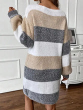 Color block long sleeve sweater dress in cozy beige gray white stripes