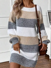 Color block long sleeve sweater dress with white, beige, gray stripes