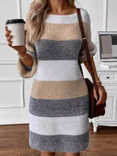 Color block long sleeve sweater dress with beige white gray stripes