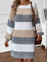 Color block long sleeve sweater dress with beige gray white stripes