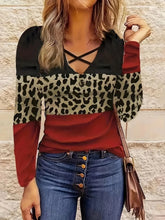 Color Block Long Sleeve Top for Women Cotton Blend Crisscross Design Deep Red