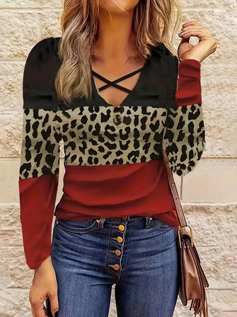 Color Block Long Sleeve Top for Women Cotton Blend Crisscross Design Deep Red