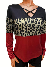 Color Block Long Sleeve Top for Women Cotton Blend Crisscross Design