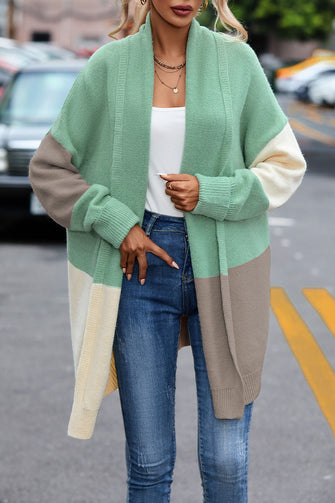 Color Block Open Front Cardigan with Long Sleeve Length for Women Green