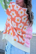 Color block open front cardigan with orange white floral sweater design