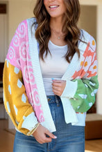 Color block open multicolored floral knit cardigan with polka dot sleeves