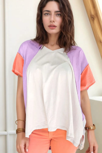 Color Block Oversized Cotton T-Shirt for Women White