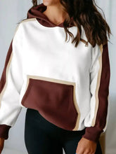 Color block patchwork hooded sweatshirt in white and maroon with beige trim made of slightly stretchy fabric and machine wash safe