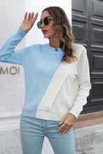 Color Block Pink and White Sweater with Long Sleeve Length and Round Neck