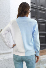 Color Block Pink and White Sweater with Long Sleeve Length and Round Neck