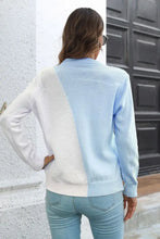 Color Block Pink and White Sweater with Long Sleeve Length and Round Neck Sweater Pullovers
