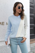 Color Block Pink and White Sweater with Long Sleeve Length and Round Neck Light Blue