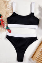 Color Block Pink and Yellow Ribbed Bikini Set for Women Black
