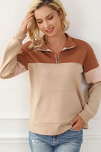 Color block quarter zip long sleeve sweatshirt with kangaroo pocket