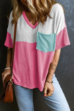 Color block short sleeve ribbed knit V-neck top with chest pocket