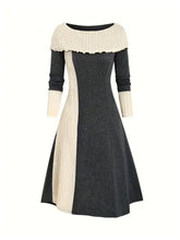 Color block ribbed sweater dress with gray texture and cream pleats
