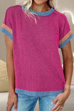 Color Block Round Neck Cap Sleeve T-Shirt Cerise Woman T Shirts