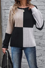 Color block round neck dropped shoulder ribbed knit sweater