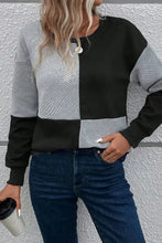 Color block round neck dropped shoulder sweater in black gray checkerboard