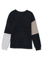 Black color block round neck dropped shoulder long-sleeved sweater