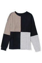 Color block round neck dropped shoulder long-sleeve ribbed top