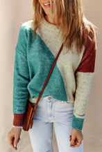 Color block round neck dropped shoulders pullover sweater in teal, cream, burgundy