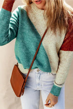 Color block round neck dropped shoulders pullover sweater in green and white with red accents