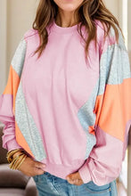 Color block round neck long sleeve sweatshirt in pink, grey, orange