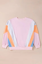 Pink color block round neck long sleeve sweatshirt with puff sleeves