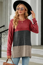 Color block round neck long sleeve t-shirt in red, gray, beige stripes