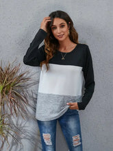 Color block round neck long sleeve t-shirt in black, white, grey