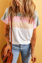 Color block round neck short sleeve pastel striped knit top for women