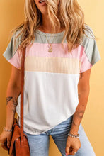 Color block round neck short sleeve ribbed knit top for women