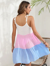 Color block spaghetti strap cover-up dress with white, pink, blue tiers