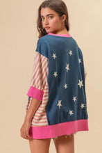 Woman in flag theme color block star patch t-shirt with stripes and stars