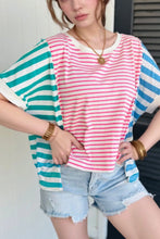 Color Block Striped Batwing Sleeve Cotton T Shirt for Women Pink