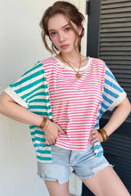Color Block Striped Batwing Sleeve Cotton T Shirt for Women