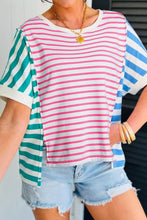 Color Block Striped Batwing Sleeve Cotton T Shirt for Women