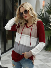 Color Block Striped Hooded Sweater for Women Burgundy