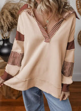 Beige and brown color block striped long-sleeve top with johnny collar machine wash cold instruction