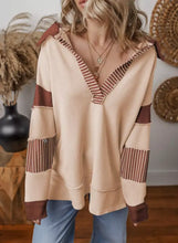 Beige and brown color block striped Johnny collar sweatshirt with patchwork design suitable for machine wash cold
