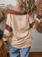 Beige and rust color block striped off-the-shoulder sweatshirt with striped cuffs machine wash cold