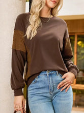 Color block casual sweatshirt with brown long sleeves and gold-striped panels, machine wash cold recommended