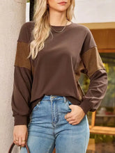 Brown color block long-sleeved casual sweatshirt with gold striped panels on sleeves machine wash cold safe