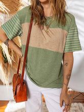 Color Block Striped Sleeve Casual T Shirt for Women Matcha Green