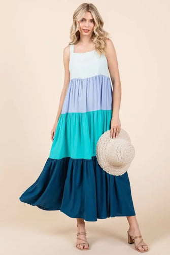 Color Block Tiered Maxi Dress in Pastel Layers BLUE MULTI Casual Dresses
