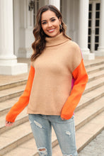 Color Block Turtleneck Sweater with Long Sleeve and Dropped Shoulders